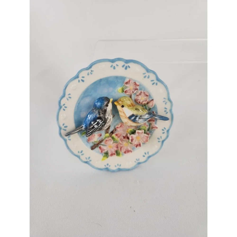 Ganz Porcelain 3D Birds Plate Pink Flowers Scallop Wall Hanging Bluebirds Floral